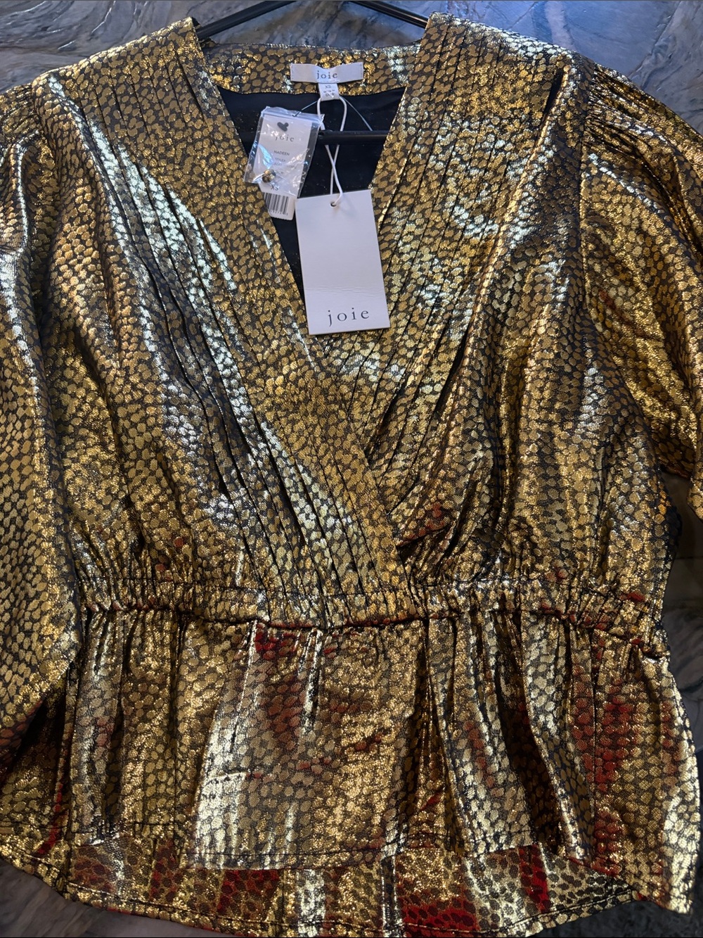 Joie Gold Metallic Wrap Peplum Blouse